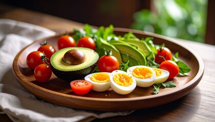 Avocado, boiled eggs and dripping tomatoes on a plate