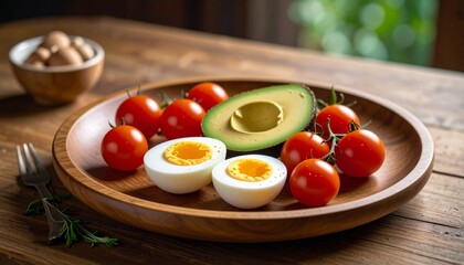 Avocado, boiled eggs and dripping tomatoes on a plate
