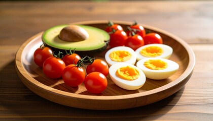 Avocado, boiled eggs and dripping tomatoes on a plate