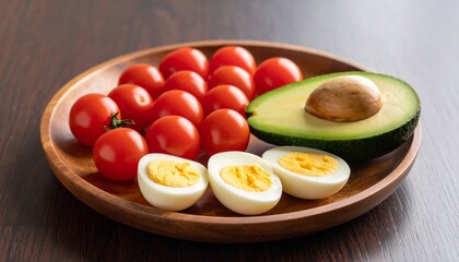 Avocado, boiled eggs and dripping tomatoes on a plate