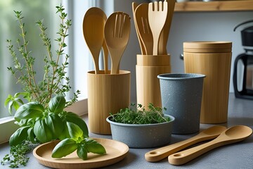 Sustainable kitchen interior, linen cloth, glass jars with spices, fresh herbs, green touches, natural textures