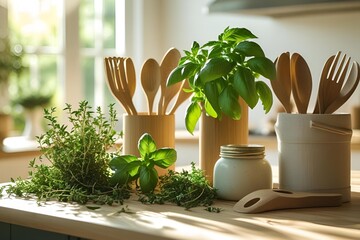 Sustainable kitchen interior, linen cloth, glass jars with spices, fresh herbs, green touches, natural textures