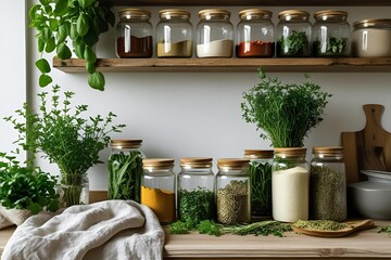 Sustainable kitchen interior, linen cloth, glass jars with spices, fresh herbs, green touches, natural textures
