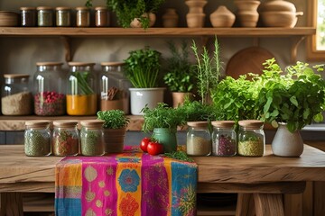 Sustainable kitchen interior, linen cloth, glass jars with spices, fresh herbs, green touches, natural textures