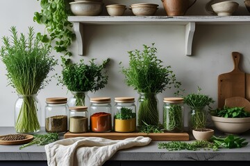 Sustainable kitchen interior, linen cloth, glass jars with spices, fresh herbs, green touches, natural textures