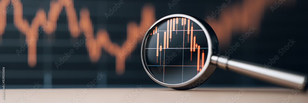 Poster analyzing a stock chart with a magnifying glass, focusing on data insights and financial trends for 
