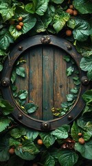 Obraz premium Wooden shield framed by lush foliage