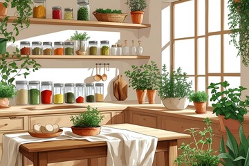 Sustainable kitchen interior, linen cloth, glass jars with spices, fresh herbs, green touches, natural textures