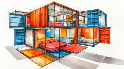 Colorful container house design sketch.