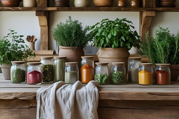 Sustainable kitchen interior, linen cloth, glass jars with spices, fresh herbs, green touches, natural textures
