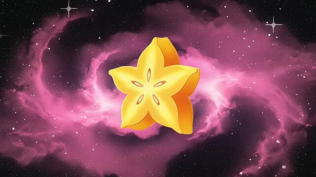 Magical carambola in the pink galaxy with shining stars - A whimsical, dreamy celestial illustration