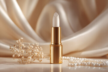 A stunning display of luxury, featuring a chic white lipstick and delicate pearls.