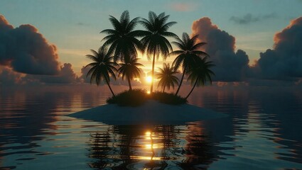 Image Of Palm Trees On Tropical Island At Sunset