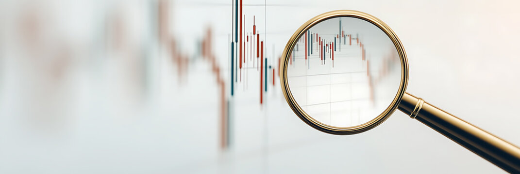 Magnifying glass highlights stock chart decline. Financial analysis, investment review, economic downturn scrutiny, and market volatility insights.