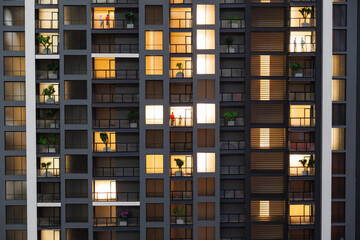 High-rise building at night with lit windows and silhouettes of people on balconies