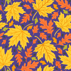 Bright vector seamless pattern with autumn leaves on blue background