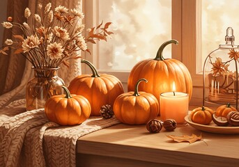 Autumn pumpkins decorated on wooden table with warm candlelight  