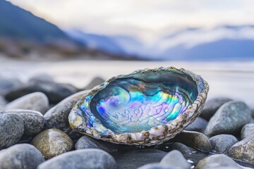 Iridescent seashell resting on smooth pebbles by the water's edge, soft mountain background, creating a serene coastal scene.