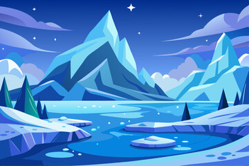 Fototapeta premium Winter mountain landscape with a sailing ship on the icy sea, featuring snow-covered trees under a cold blue sky