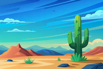 Desert landscape with sun, sand, and silhouetted cactus under a summer sky
