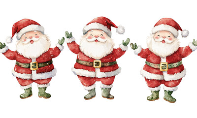 Trio of cheerful christmas santa claus in different poses in the style of hand-painted watercolor isolated on transparent background.