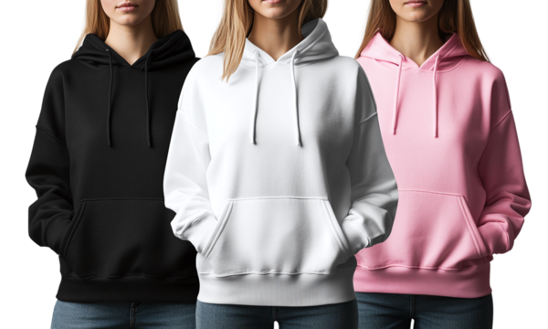 Torso only of women wearing blank unbranded black, white and pastel pink hoodies isolated on transparent background. element for casual clothing mockup.