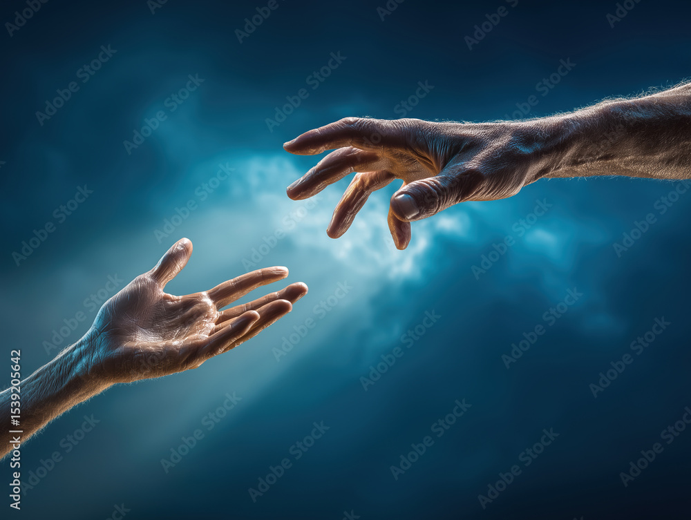 Poster hands reaching towards each other in a moment of connection and illumination