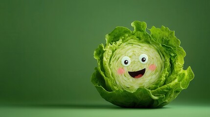 A cheerful lettuce head presents a fun interpretation of a vegan diet, featuring smiling eyes and a friendly expression against a solid green backdrop, promoting healthy eating in an engaging way