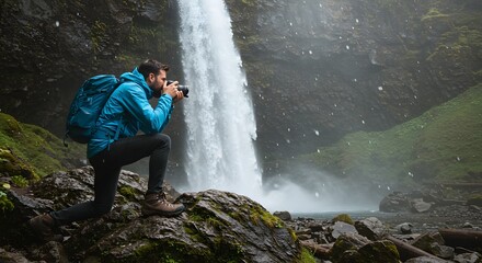 Obraz premium Photographer Capturing Majestic Waterfall Landscape