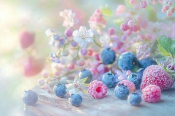 Soft, pastel image showcasing blueberries, raspberries, strawberries, and delicate white flowers on a weathered wooden surface, evoking freshness.