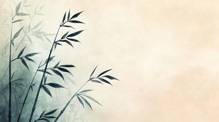 Naklejka premium Elegant minimalist painting of bamboo stalks and leaves on a beige textured background, evoking calm and natural beauty.