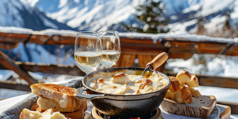 Pot of Swiss cheese fondue with bread, wine glass, and snowy Alps in the background. © Ekaterina Pokrovsky