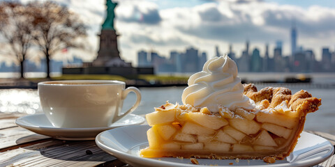 Slice of homemade apple pie with whipped cream and a cup of coffee, New York City view in the background.