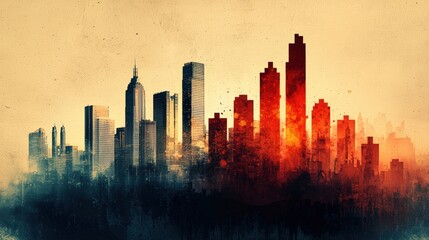 Obraz premium A digital artwork blending cool and warm tones depicts a vibrant city skyline with towering skyscrapers against a textured background.