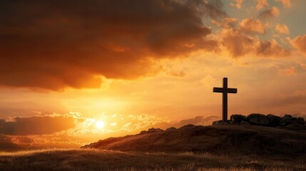A solitary cross stands on a hilltop as the sun sets, casting warm orange and golden hues across the sky. Clouds drift by, enhancing the tranquil atmosphere of the moment