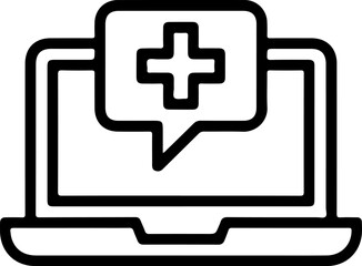 Obraz premium Black and White Laptop Icon Featuring a Bold Plus Symbol Inside a Speech Bubble on the Screen Telemedicine Online