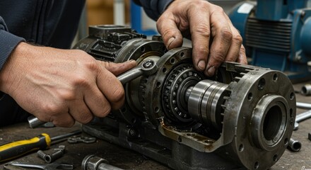 Hands repairing mechanical device close up