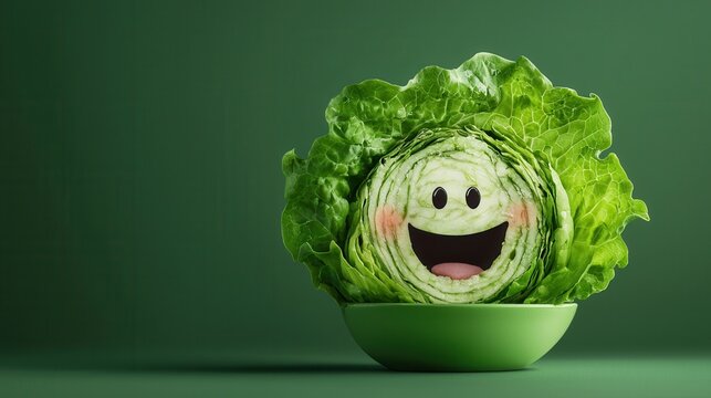 A playful salad featuring a lettuce head with a smiling face sits in a green bowl, encouraging humor and a vegan diet. The vibrant green background enhances the cheerful vibe