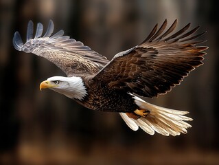 Obraz premium Majestic eagle flies gracefully in the sky, wings spread wide, with an American flag creating a vibrant background. Sunlight glistens through a hazy bokeh effect, capturing the spirit of freedom