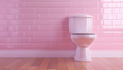 White ceramic toilet stands before pink wall with symmetrical design. Bathroom interior with wooden floor. New modern WC. Minimalist style