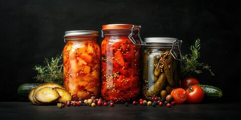Colorful jars filled with pickled vegetables sit against a dark backdrop, displaying an assortment of ingredients like cucumbers, peppers, and spices. Ideal for food enthusiasts and cooks