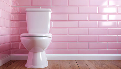 White ceramic toilet stands before pink wall with symmetrical design. Bathroom interior with wooden floor. New modern WC. Minimalist style