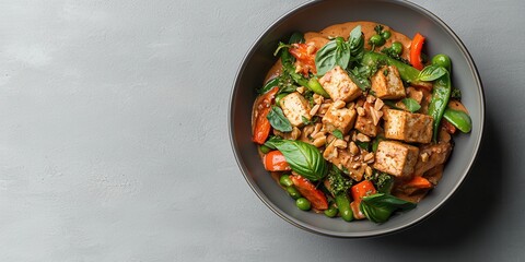 Sautéed tofu cubes sit atop a bed of assorted colorful vegetables in a rich peanut sauce, creating a nourishing and visually appealing meal. Fresh basil enhances the dish’s aroma