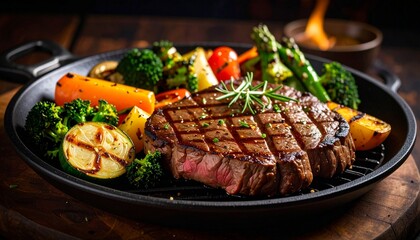 Cheesy beef steak and grilled vegetables on hot plate