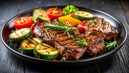 Cheesy beef steak and grilled vegetables on hot plate
