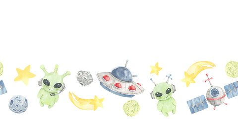 Red and blue UFOs, green aliens, yellow stars, and planets in seamless border watercolor clipart. Ideal for kids crafts, greeting cards, party printables, or scrapbook layouts with space themes