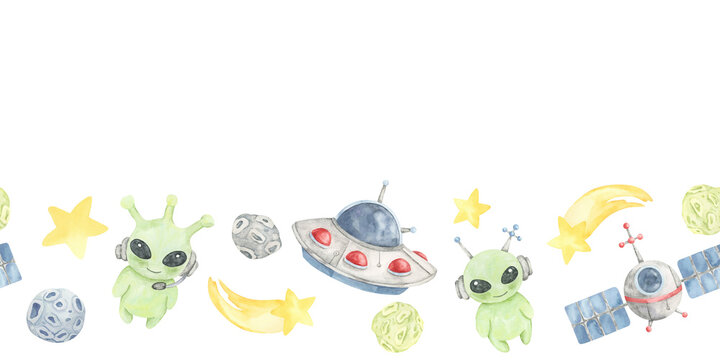 Red and blue UFOs, green aliens, yellow stars, and planets in seamless border watercolor clipart. Ideal for kids crafts, greeting cards, party printables, or scrapbook layouts with space themes