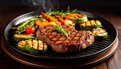 Cheesy beef steak and grilled vegetables on hot plate
