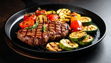 Cheesy beef steak and grilled vegetables on hot plate
