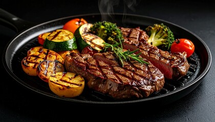 Cheesy beef steak and grilled vegetables on hot plate
